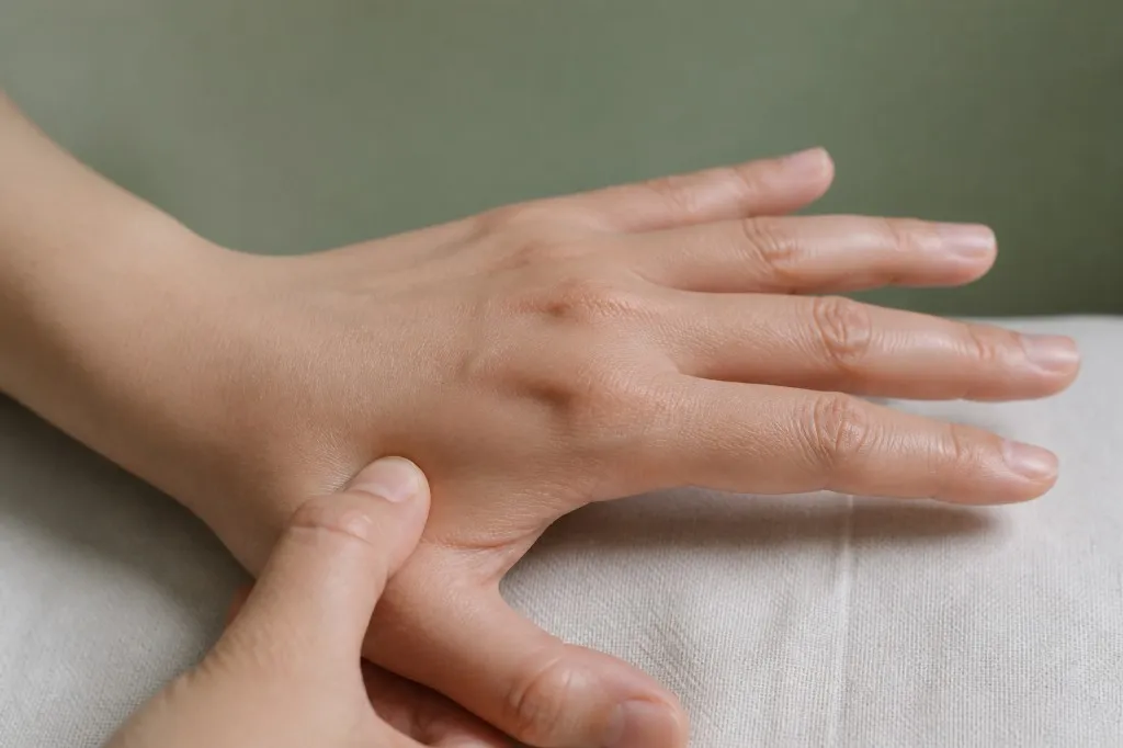 Thumb pressing Hegu acupressure point in the hand webbing