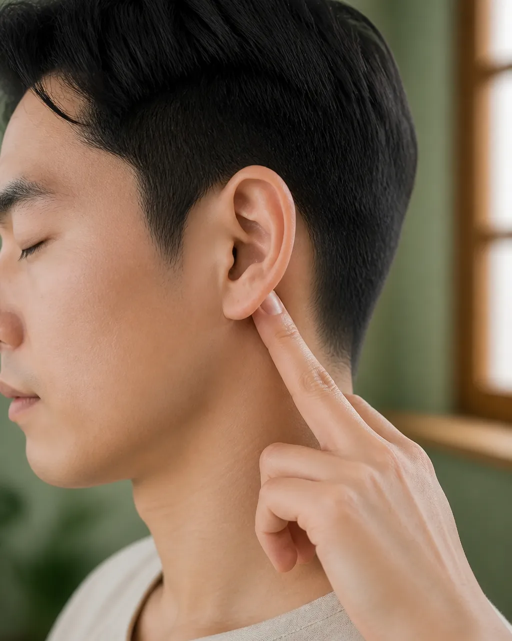 Finger locating An Mian EX-HN20 just under the earlobe