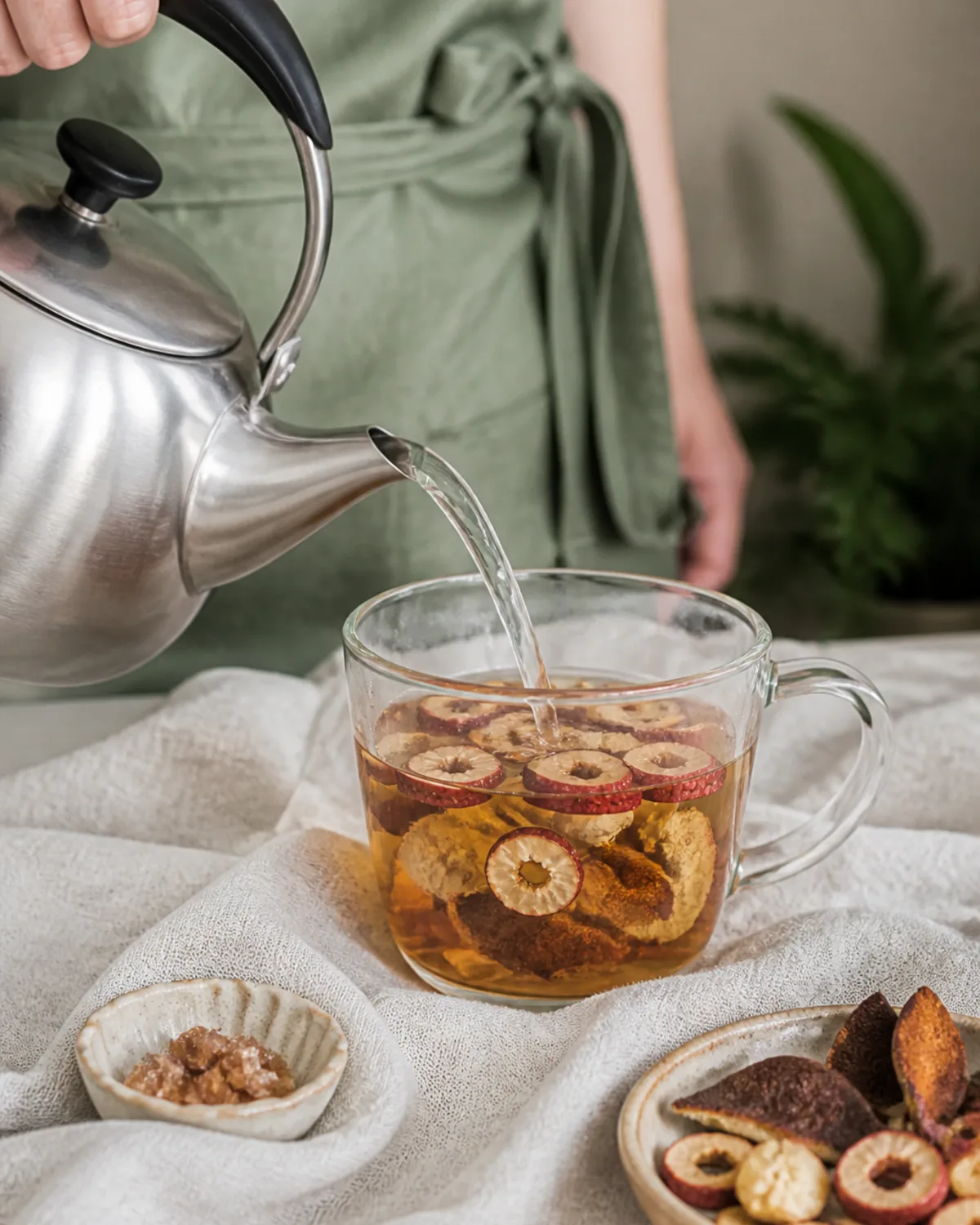 Pouring hot water over hawthorn and chen pi in a glass mug