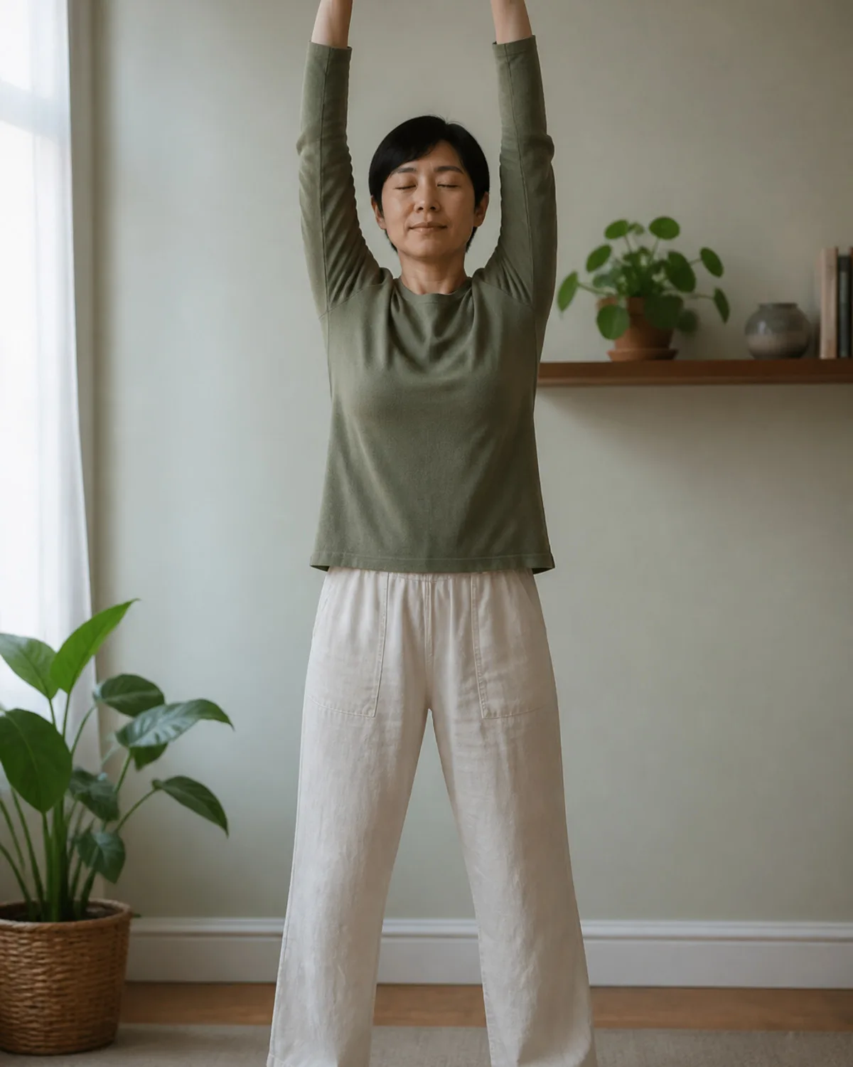 Person with arms raised and palms turned up for Ba Duan Jin Two Hands Hold Up the Heavens