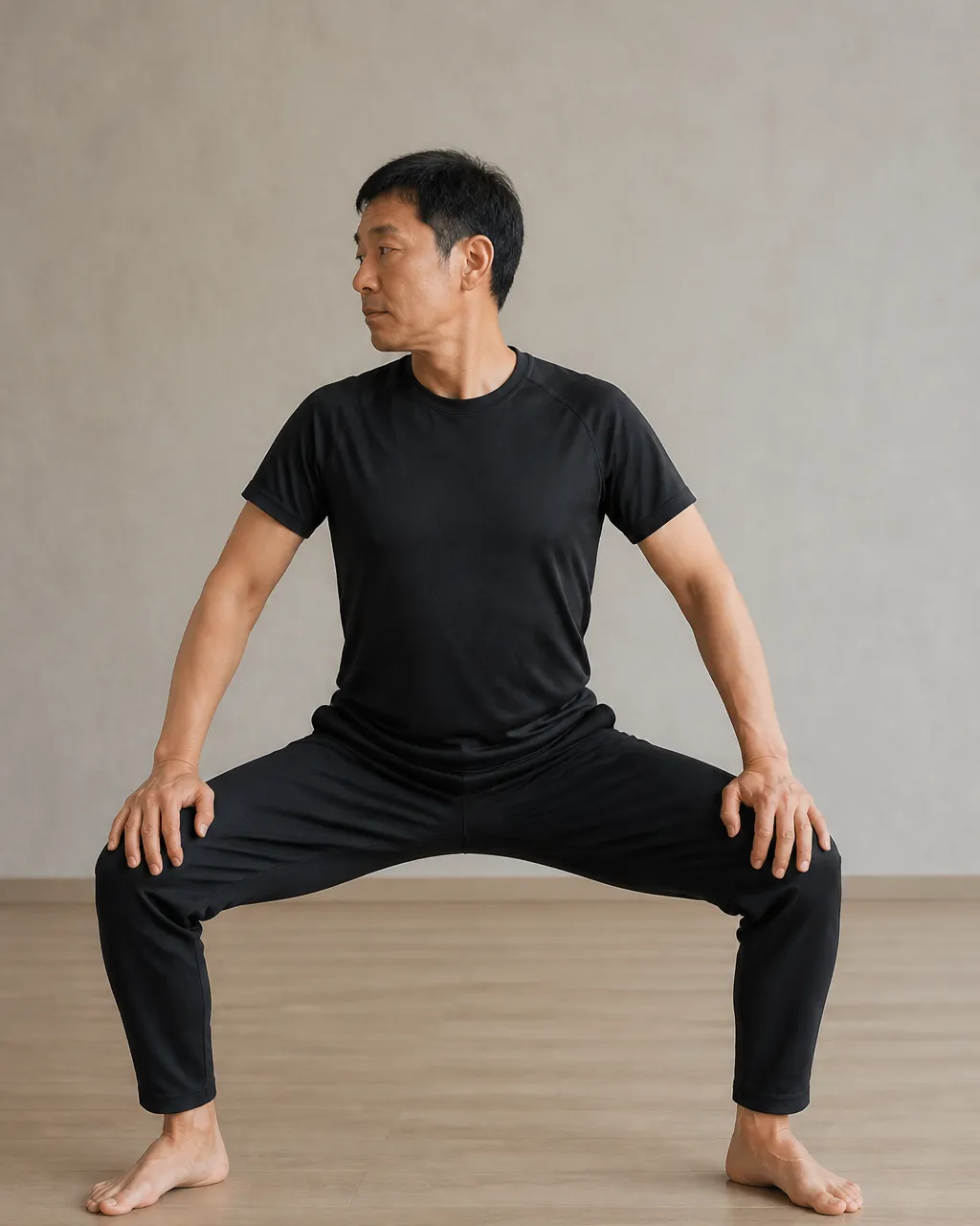 Person in a wide squat with hands on knees for Ba Duan Jin sway-the-head exercise