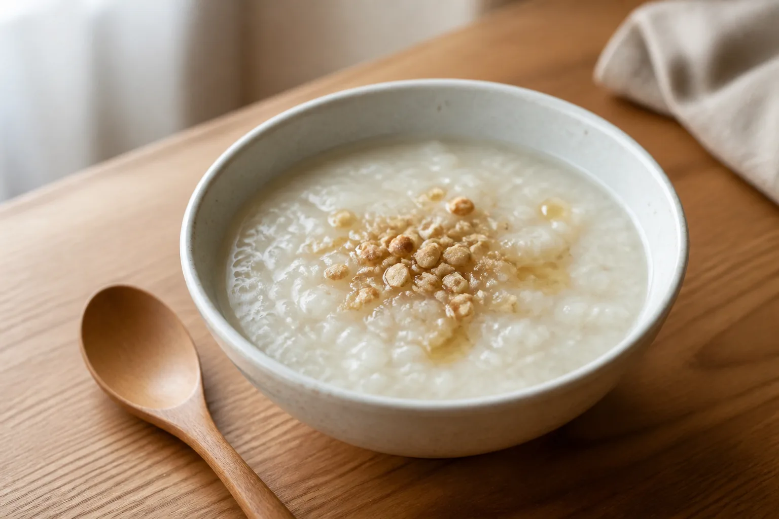 Bowl of biota seed rice porridge with a drizzle of honey