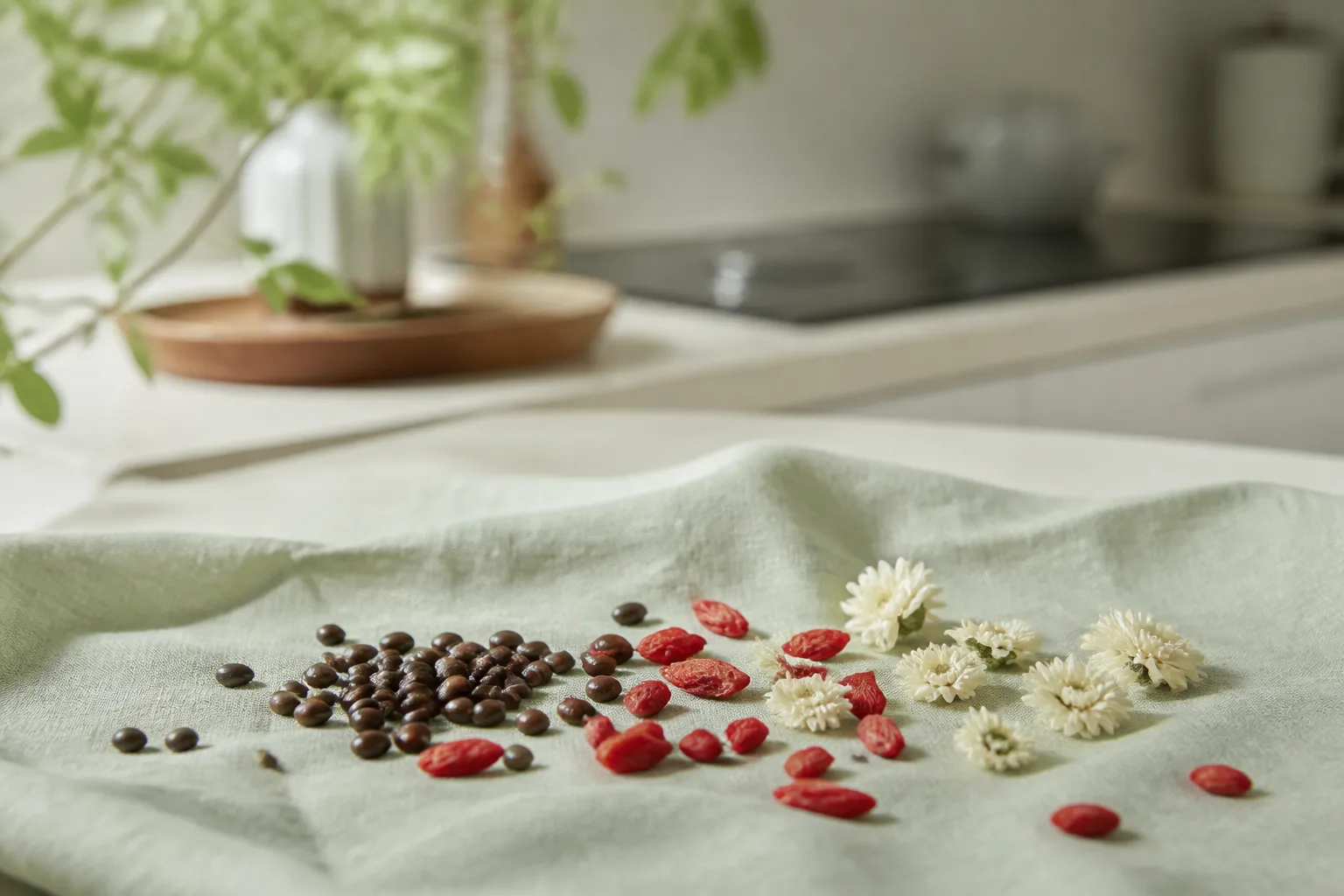 Dried cassia seeds, goji berries, and white chrysanthemum for tea at PULSE TCM