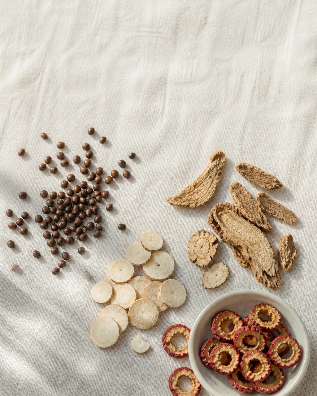 Fried cassia seeds, Ze Xie slices, Bai Zhu root, and dried hawthorn for Spleen damp tea