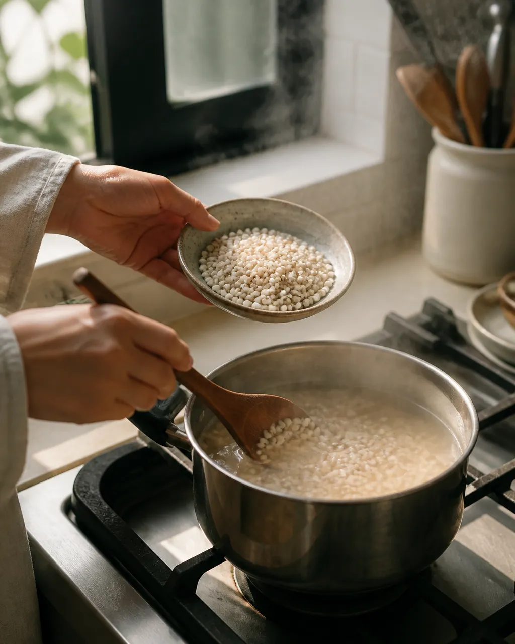 Chinese barley simmering in a saucepan for barley tea