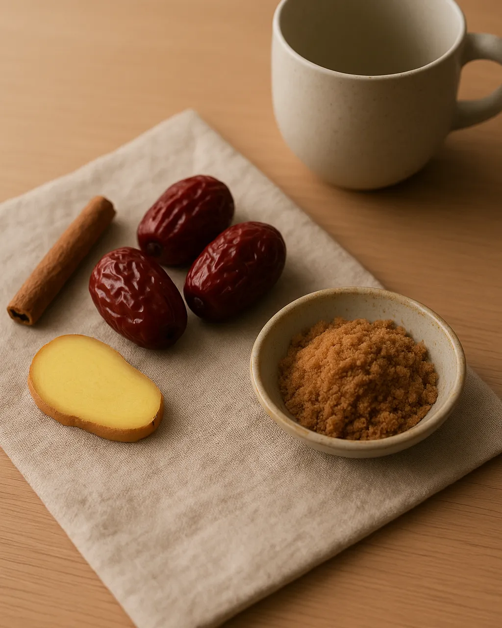 Ginger, red dates, cinnamon, and brown sugar for cinnamon ginger tea
