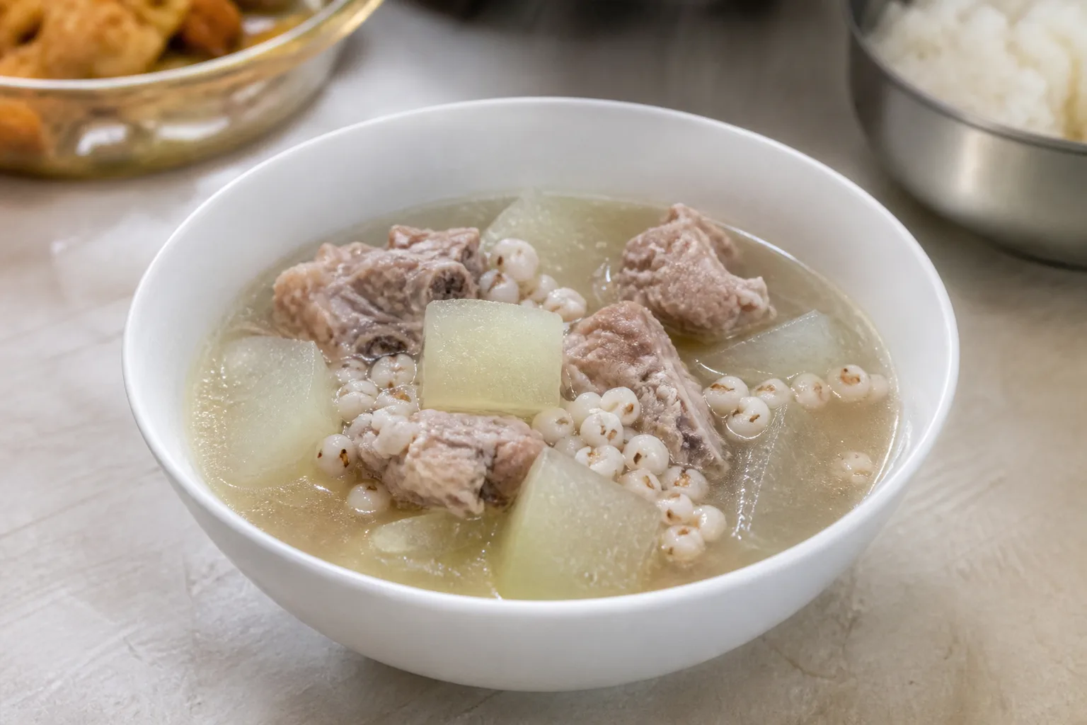 Bowl of coix seed and winter melon pork rib soup