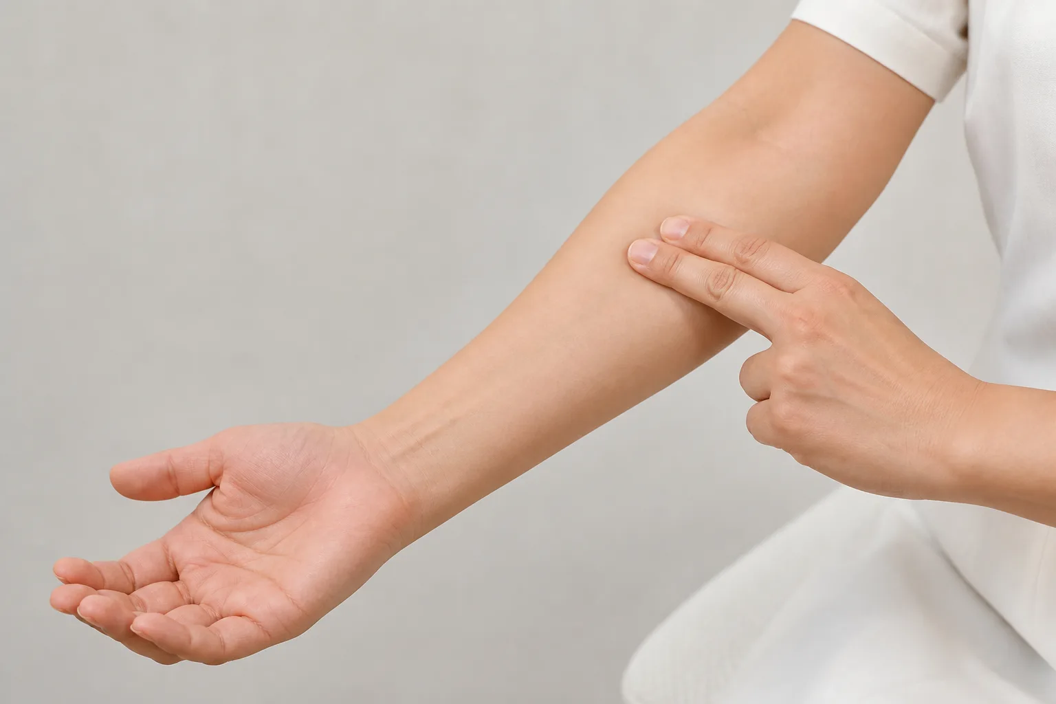Fingers pressing Zhi Gou SJ6 on the outer forearm