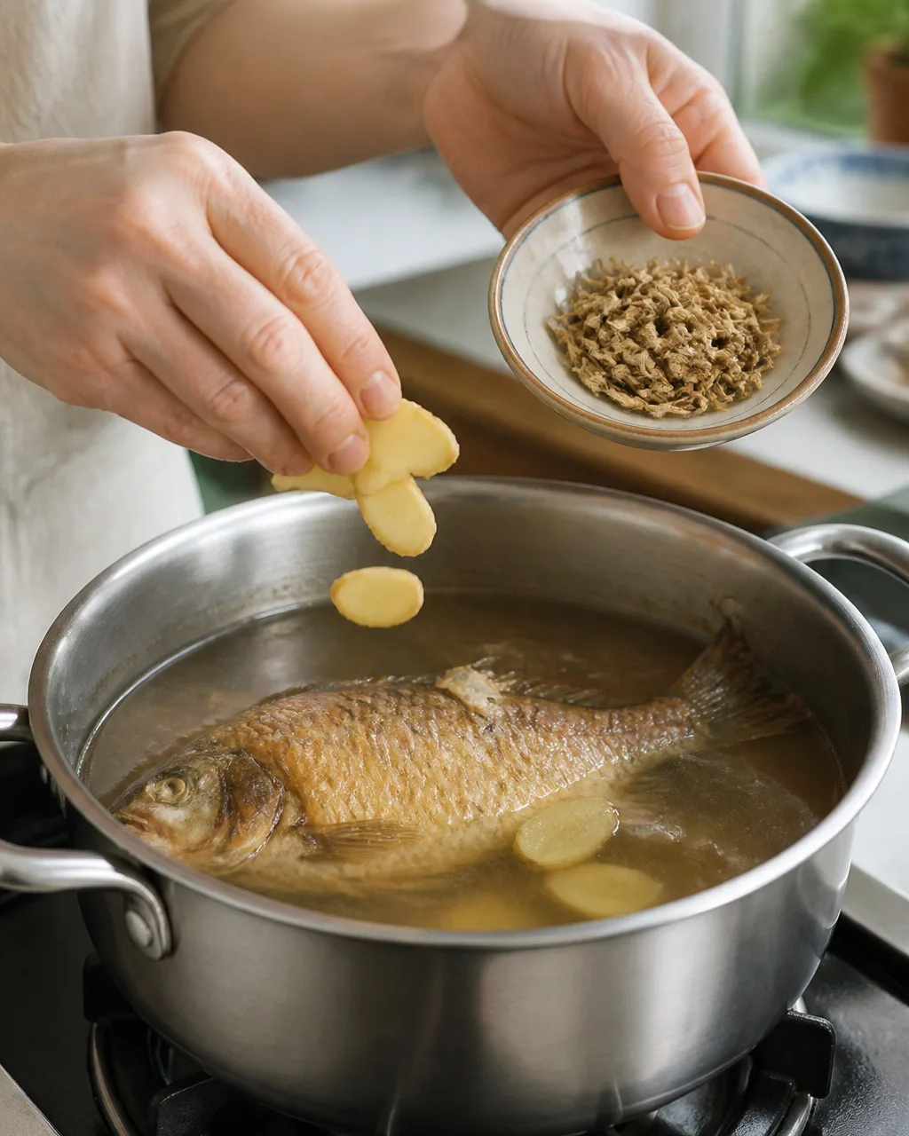 Hands adding ginger and herb pith to a pot with crucian carp broth
