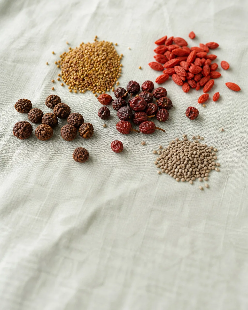 Dried cuscuta, goji, and kidney-yang tea herbs on linen at PULSE TCM