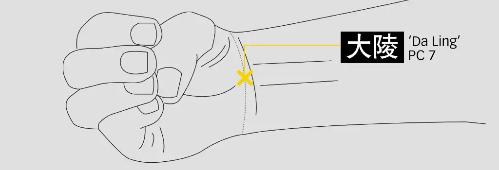 Illustration locating Da Ling PC7 at the inner wrist crease