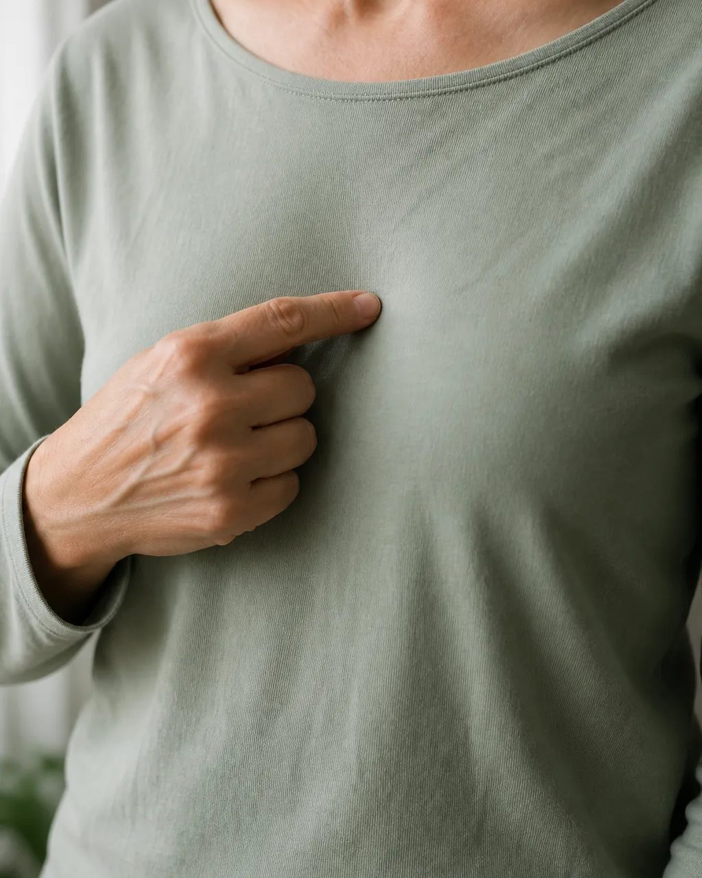 Fingertip marking Dan Zhong CV17 on the chest midline between the nipples