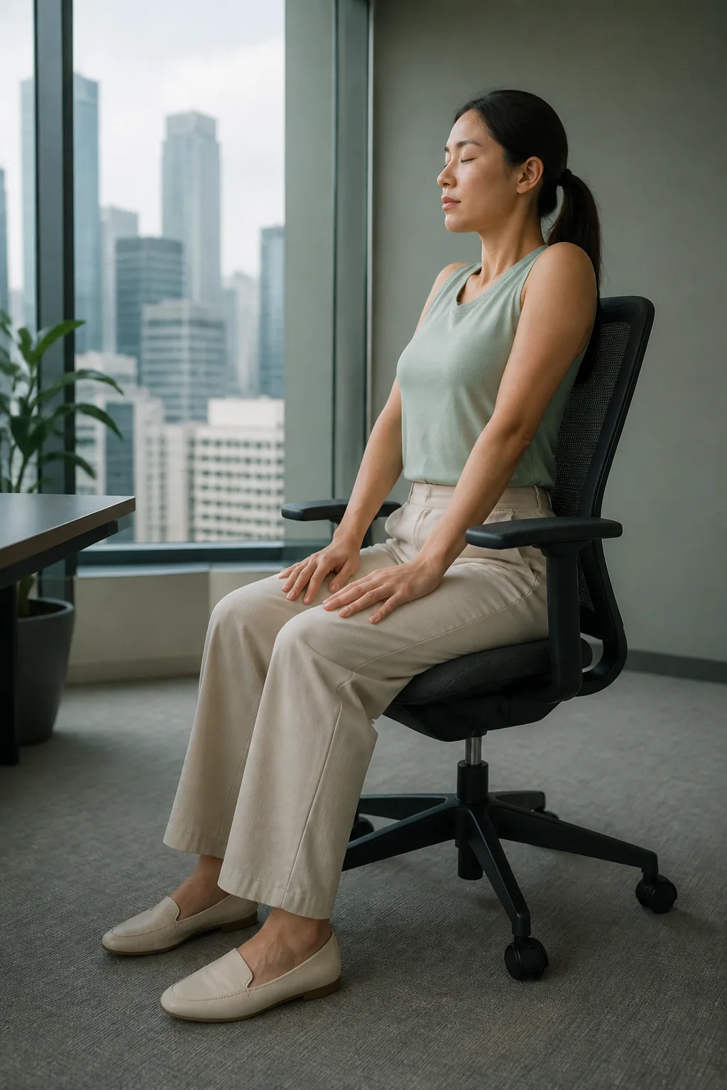 Person seated at a desk raising both shoulders in a shoulder-drop stretch