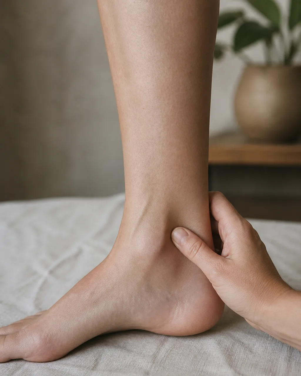 Thumb pressing Tai Xi KD3 in the hollow between the inner ankle and Achilles