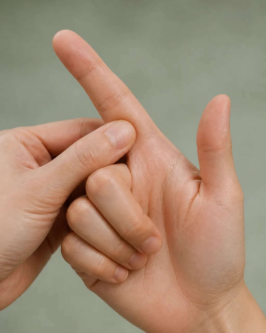 Index finger extended, other fingers folded; thumb pressing Dong Shi Mu Xue on the proximal segment