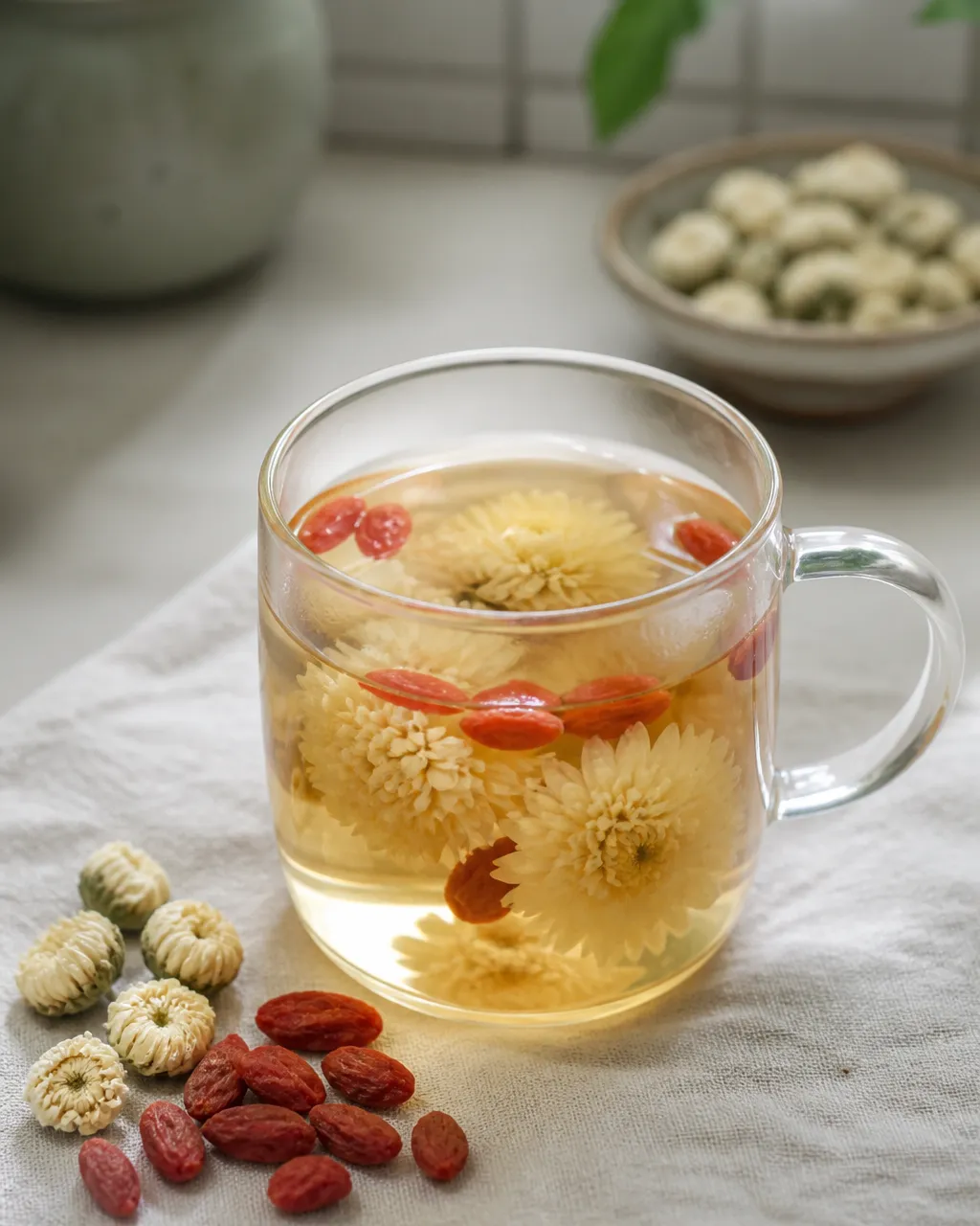 Glass mug of Dry Eye Alleviation Tea steeping with chrysanthemum and wolfberries