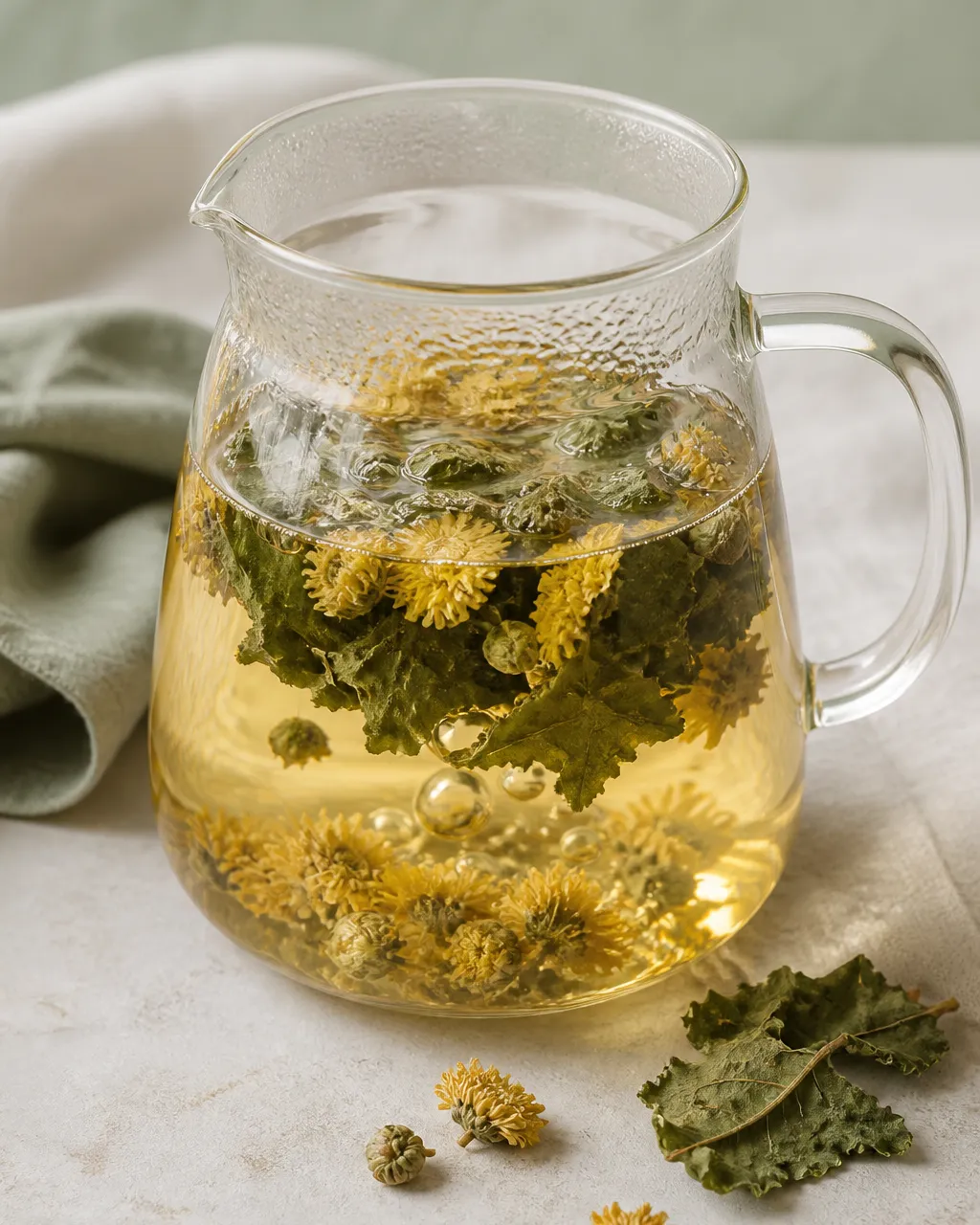 Glass pitcher of mulberry leaf and chrysanthemum tea steeping for dry cough