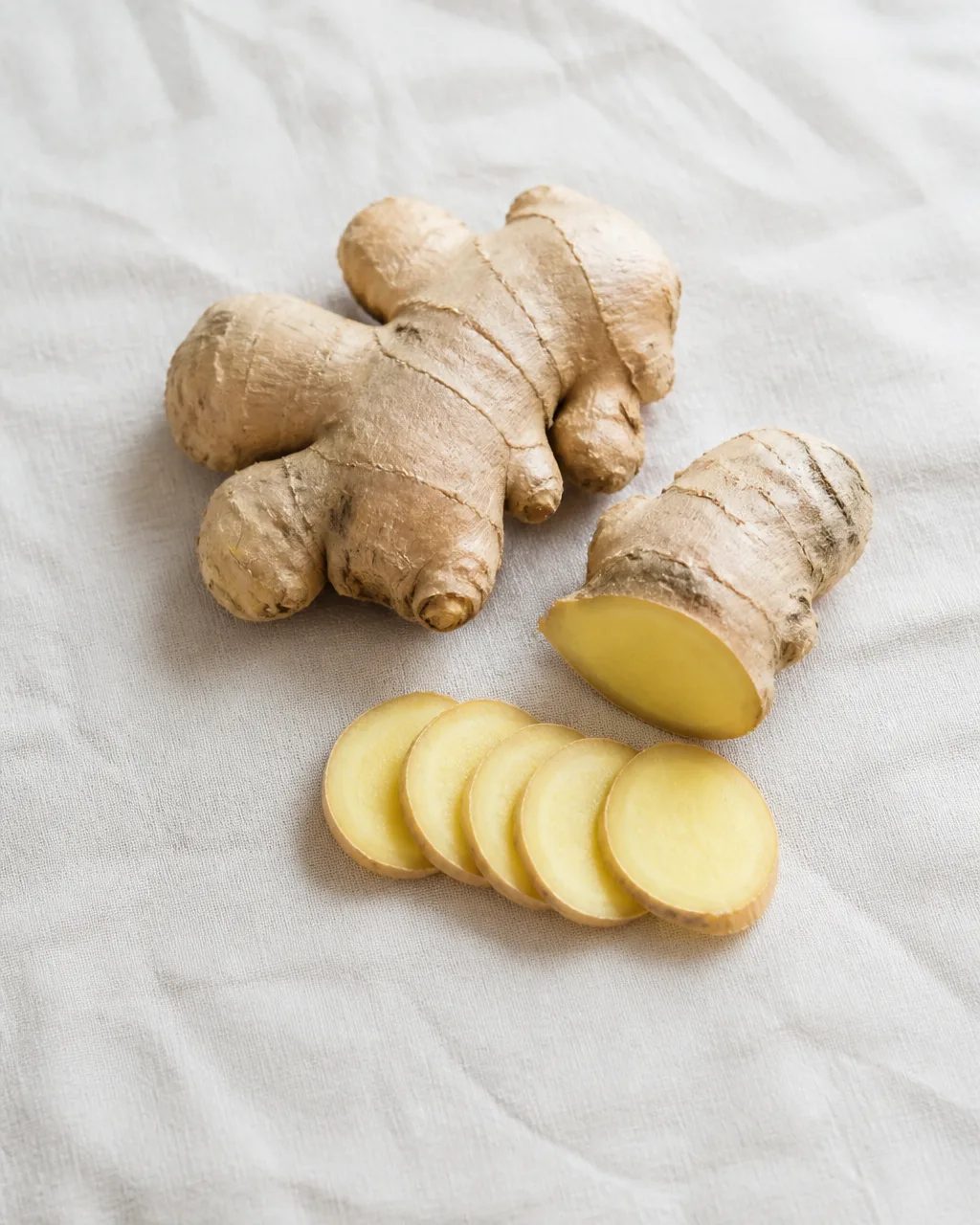 Fresh ginger root and thin ginger slices for ginger tea