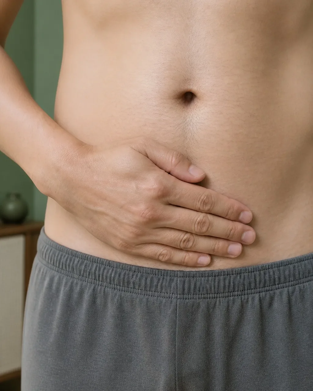 Right palm resting on the lower abdomen midline below the navel to locate Guan Yuan CV4 for gentle circle massage