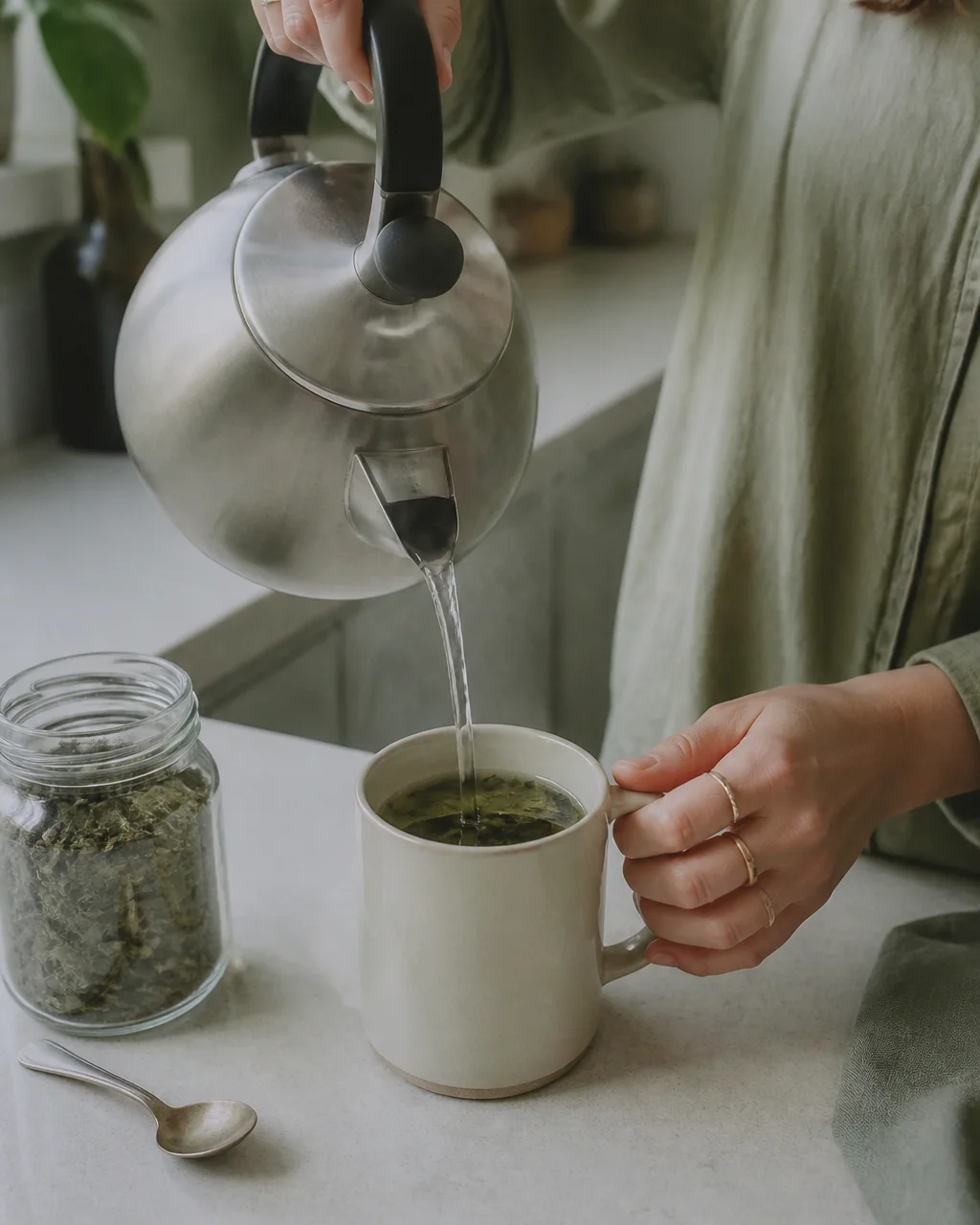 Steeping gynostemma tea in a ceramic mug
