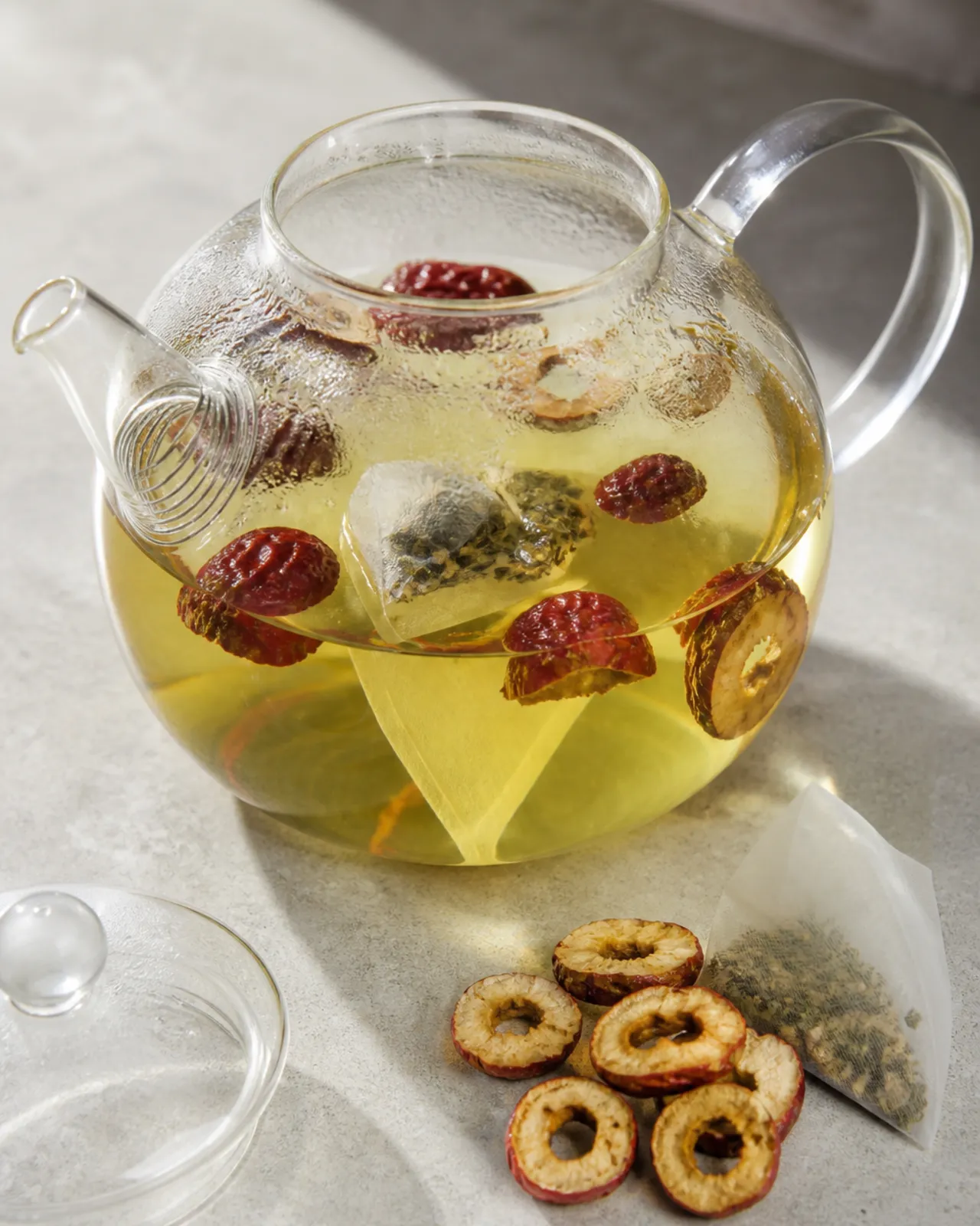 Glass teapot of hawthorn green tea with dried hawthorn and a tea bag steeping