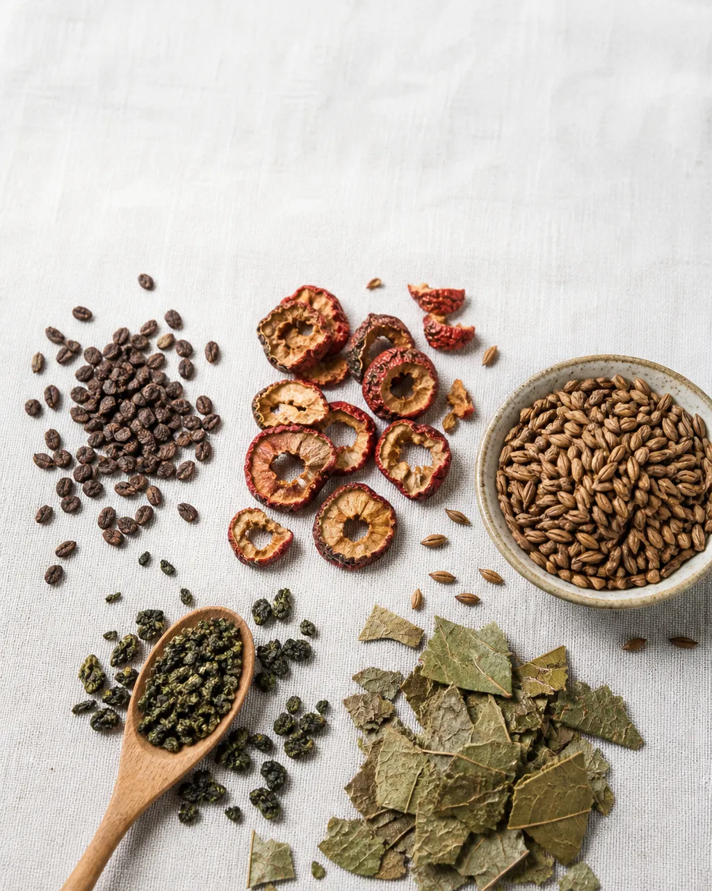 Fried cassia, dried hawthorn, malt, tea leaves, and lotus leaf for digestion tea