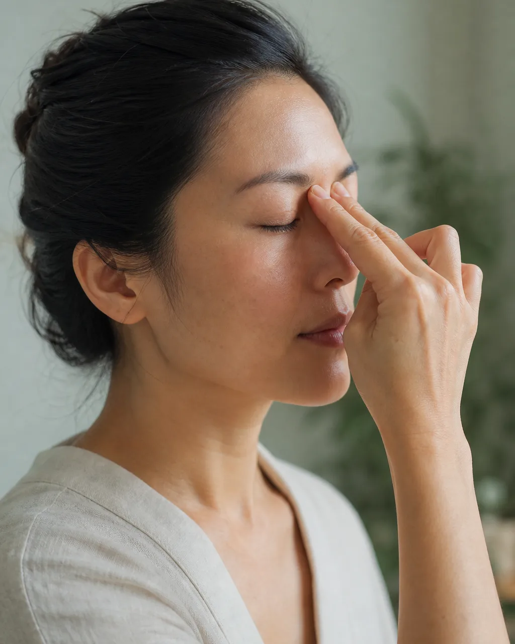 Woman circling Cuan Zhu BL2 at the medial end of the eyebrow for haze eye discomfort