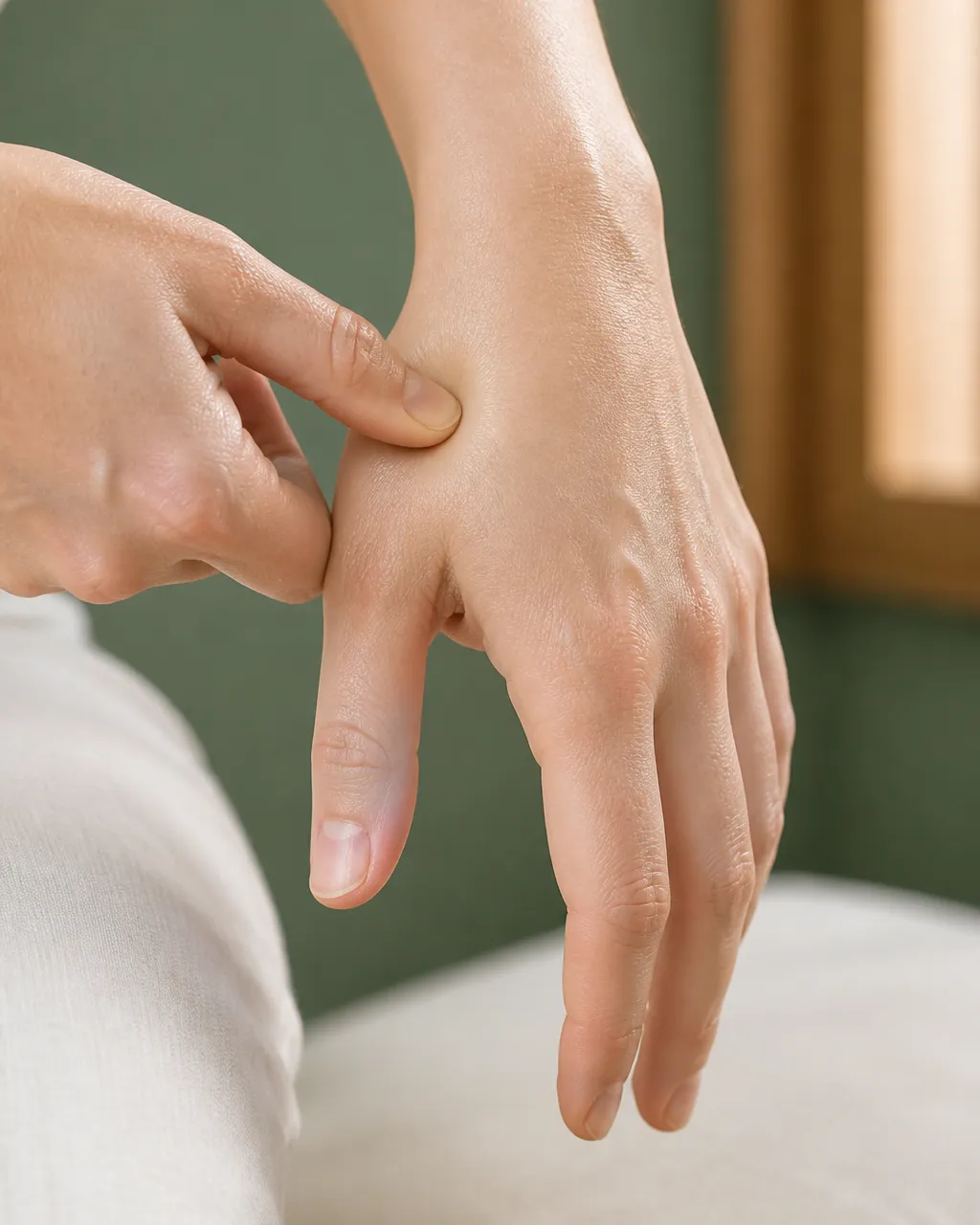Thumb pressing He Gu LI4 in the fleshy webbing between the thumb and index finger on the hand dorsum