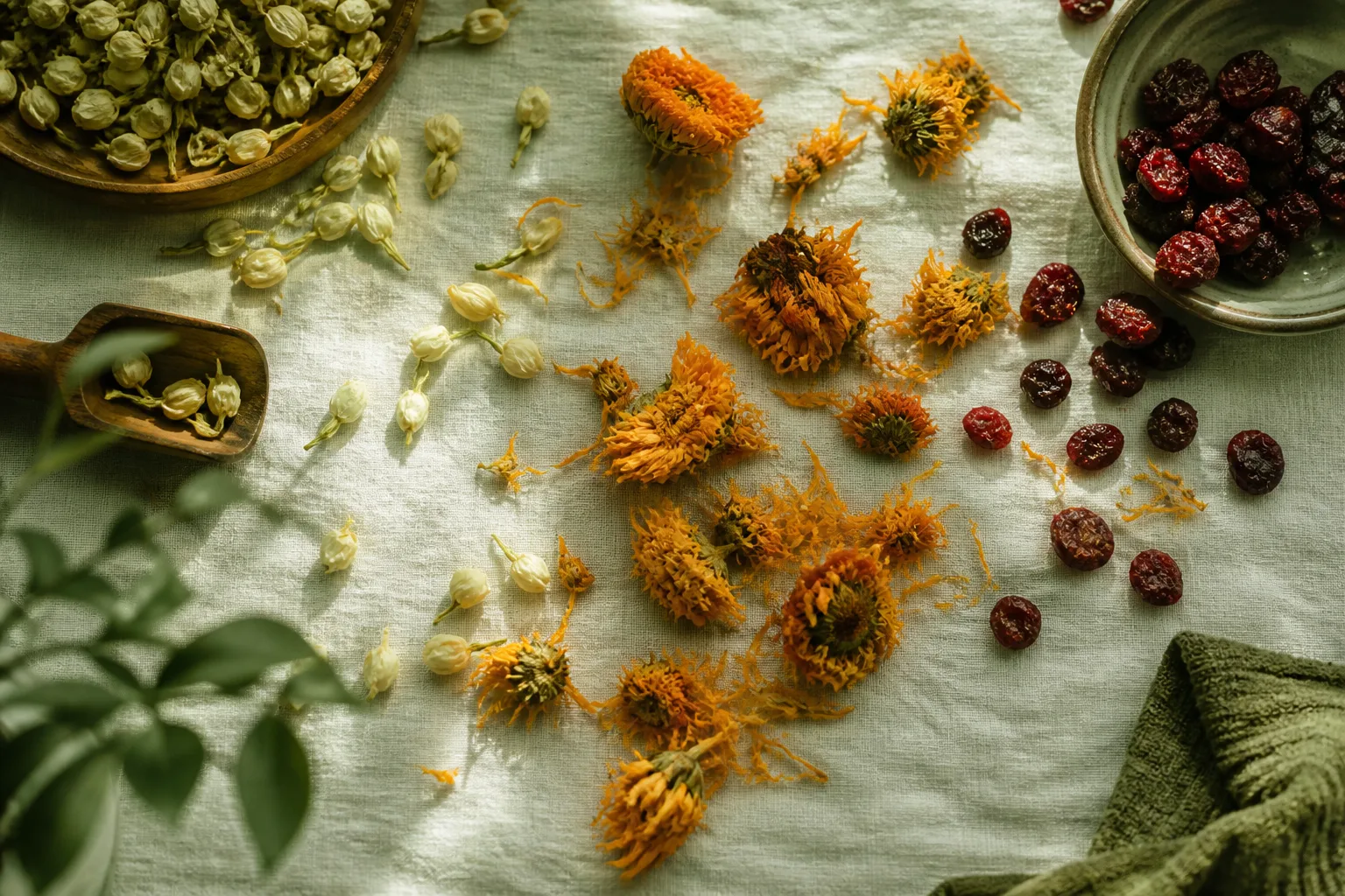 Dried jasmine buds, calendula blossoms, and cranberries for skin-brightening tea at PULSE TCM
