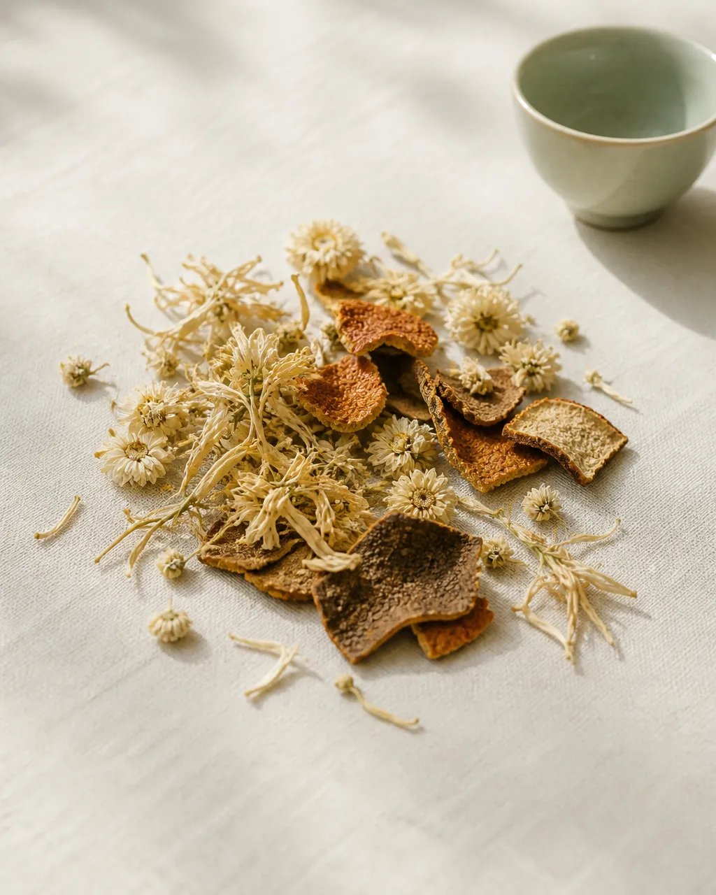Dried honeysuckle, white chrysanthemum, and tangerine peel for tea at PULSE TCM