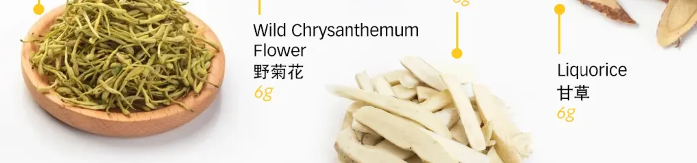 Dried honeysuckle, wild chrysanthemum, white peony root, and liquorice for heat-clearing tea at PULSE TCM