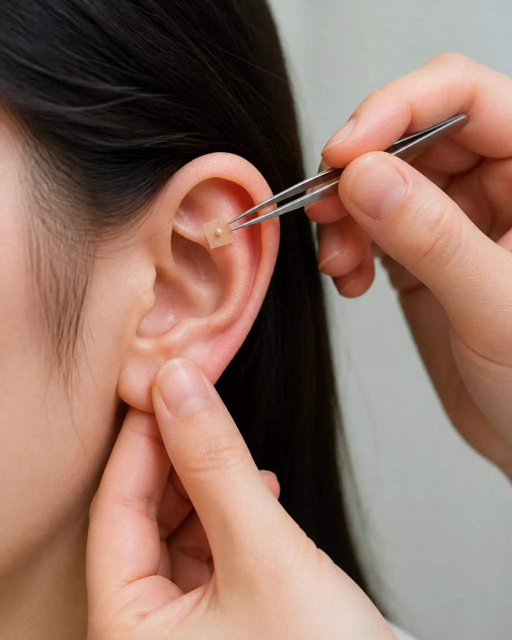 Tweezers placing a Vaccaria ear seed plaster on the outer ear