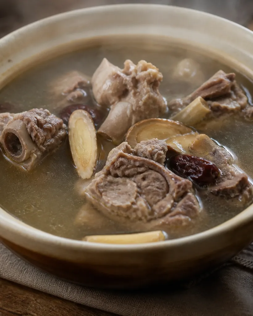 Simmering Huang Qi Bai Zhu pork bone soup with steam rising