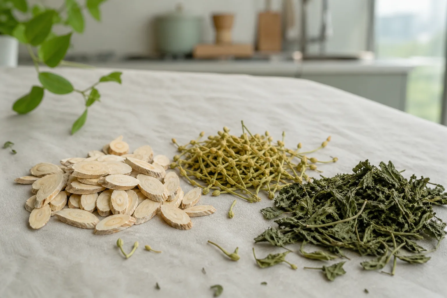 Dried Huang Qi, honeysuckle buds, and Huo Xiang leaves for post-COVID tea at PULSE TCM