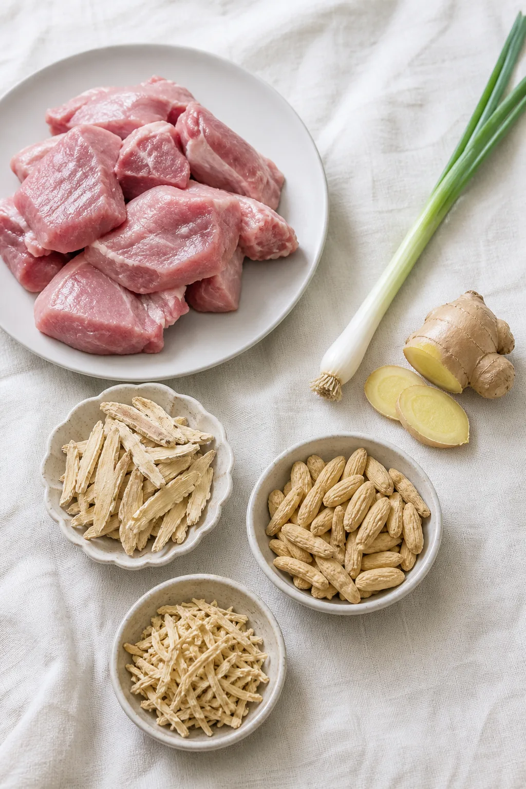 Pork with Huang Qi, Mai Dong, Tai Zi Shen, ginger, and scallion for post-viral soup at PULSE TCM