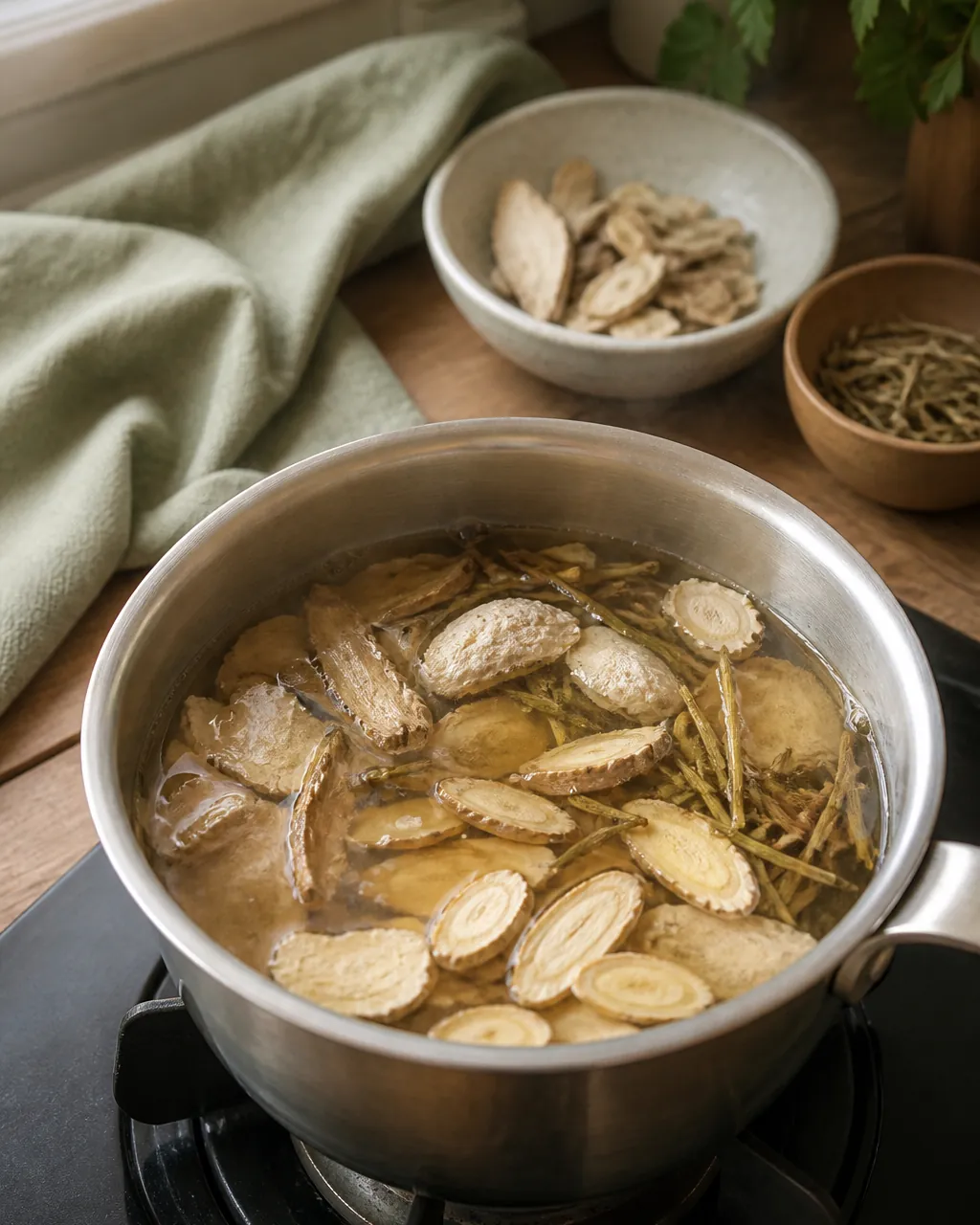 Small pot simmering Huang Qi, Bai Zhu, Fang Feng, and Chai Hu for Immunity Booster Tea
