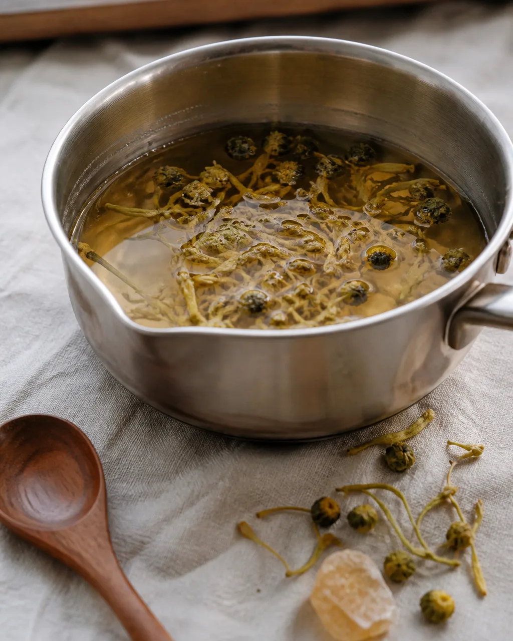 Honeysuckle and wild chrysanthemum simmering with rock sugar nearby