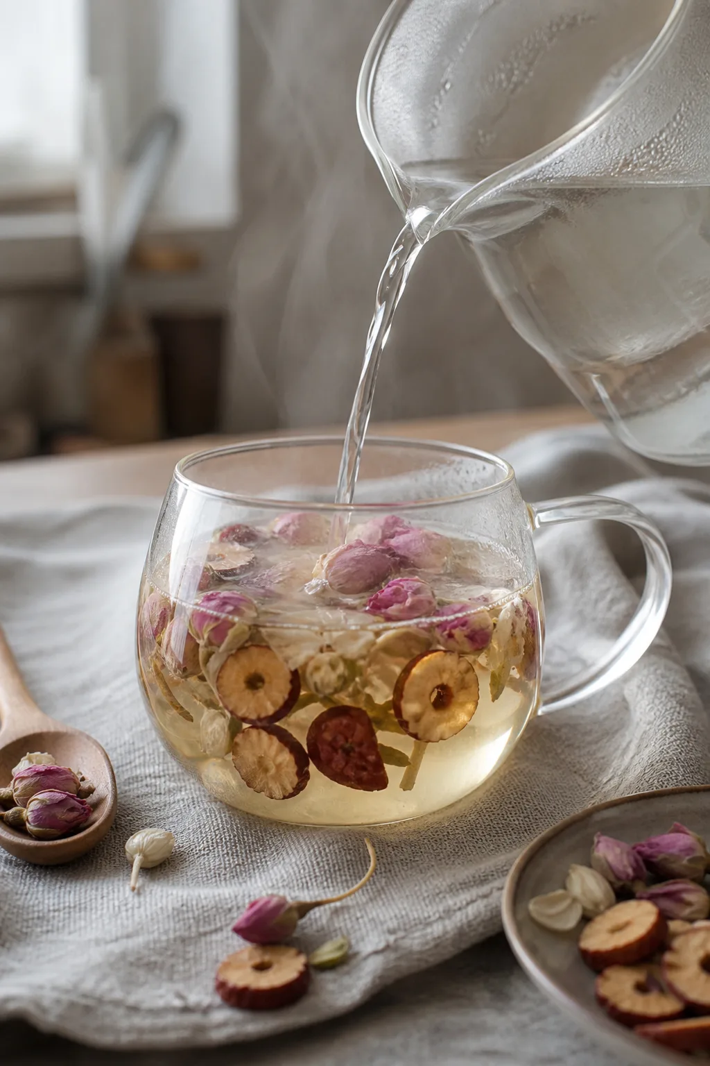 Pouring hot water over rose, jasmine, and red dates in a glass mug