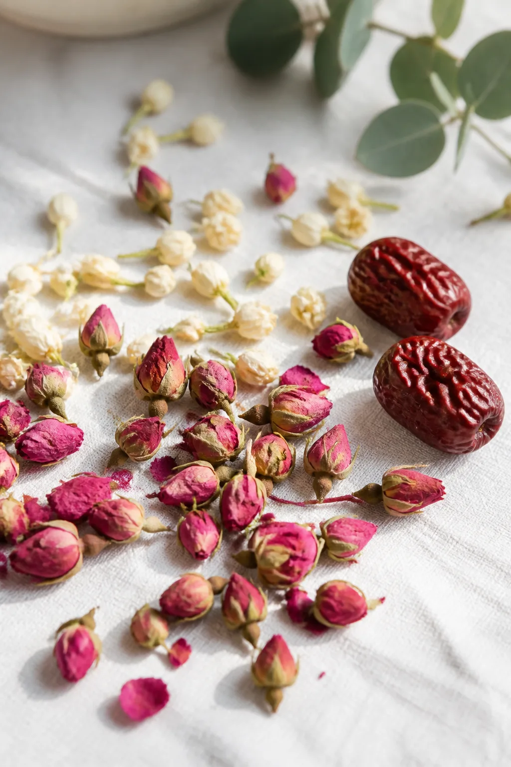 Dried rose buds, jasmine flowers, and red dates for jasmine rose tea at PULSE TCM
