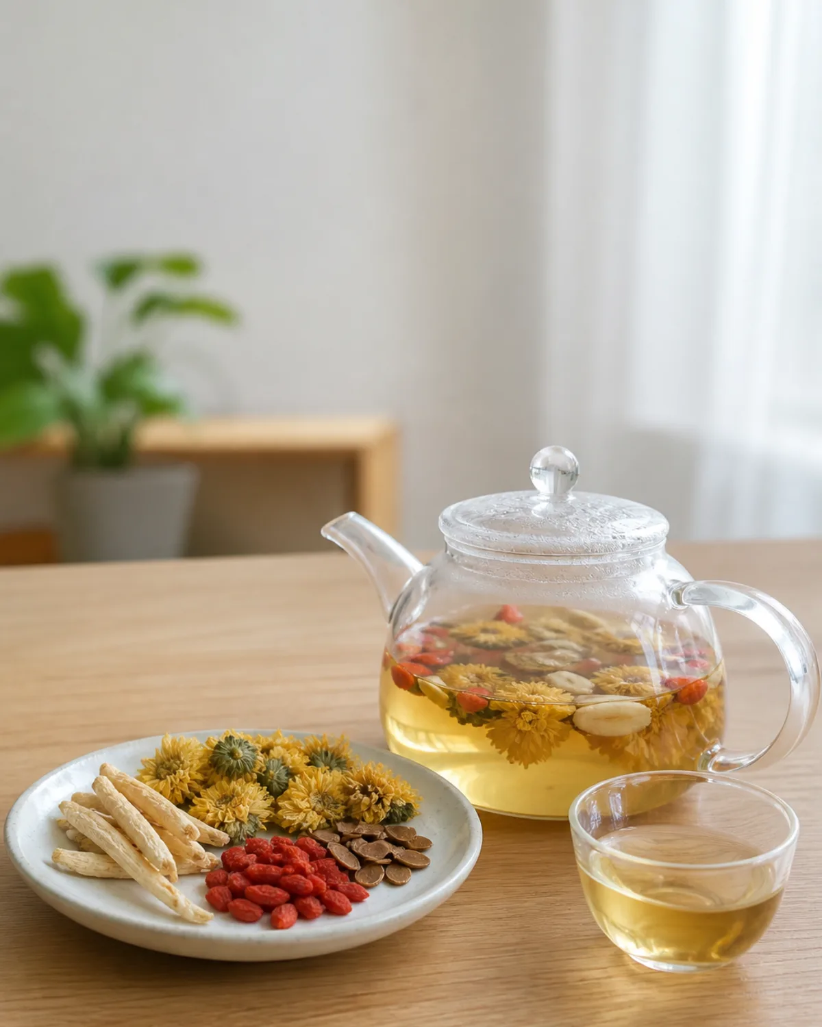 Glass teapot of chrysanthemum Mai Dong Mu Hu Die tea with dried herbs