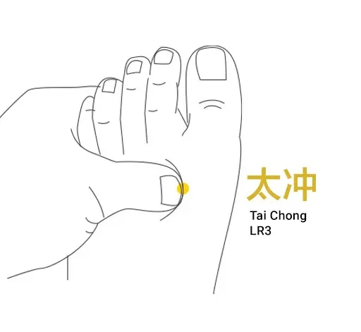 Teaching diagram locating Tai Chong LR3 on the top of the foot
