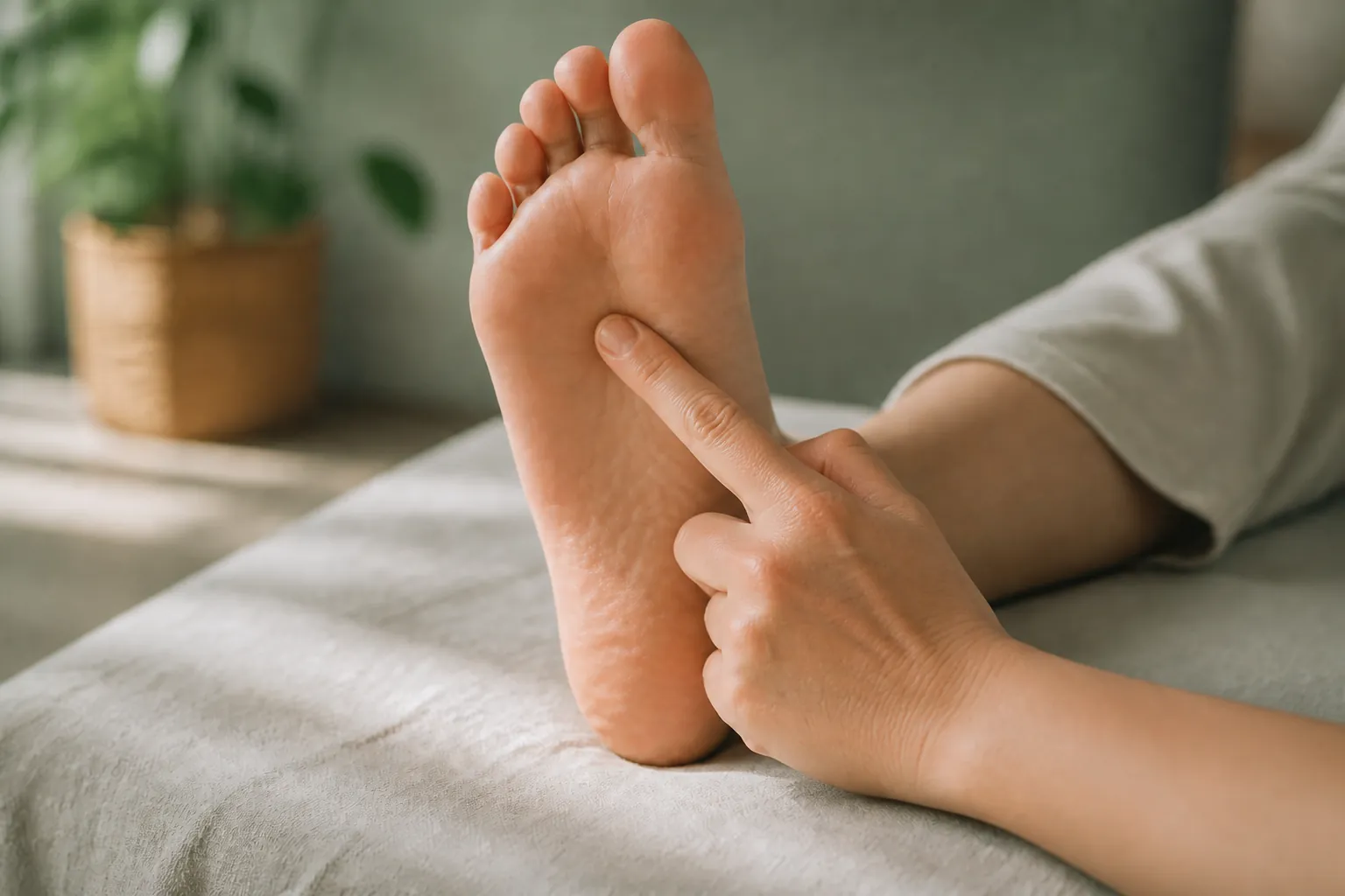 Index finger pressing Yong Quan KD1 on the sole for acupressure