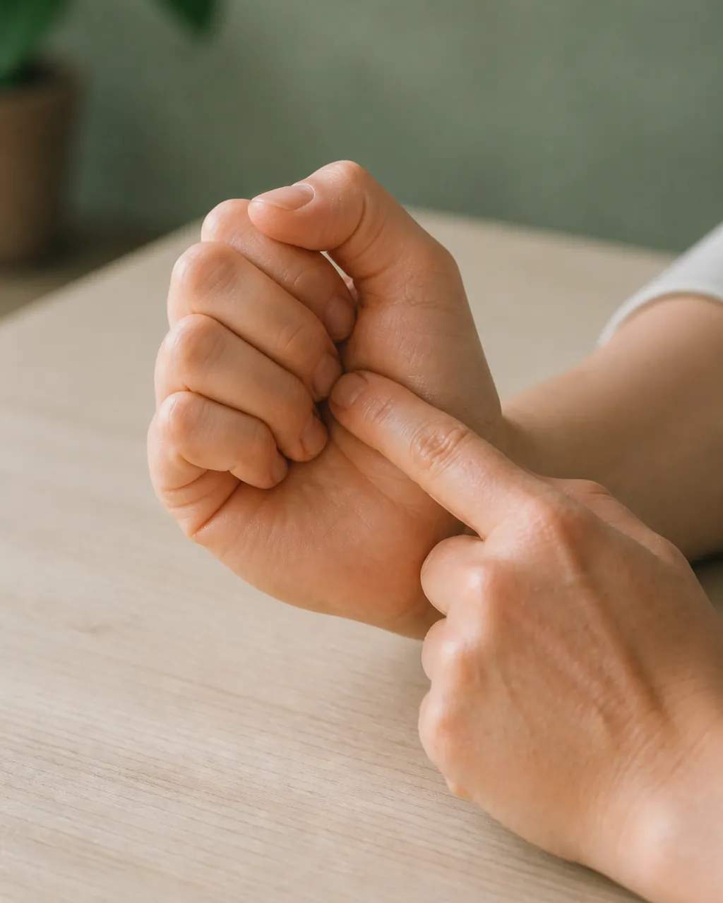 Soft fist with index finger pressing Lao Gong PC8 at the middle fingertip