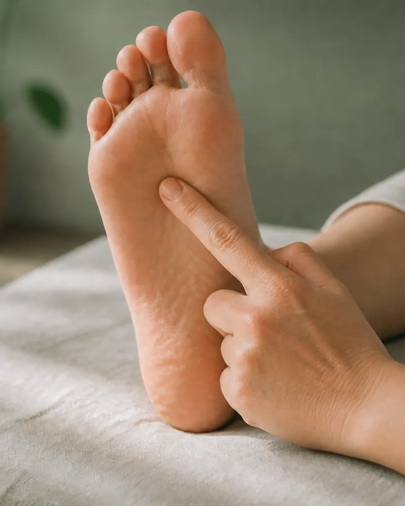 Index finger pressing Yong Quan KD1 on the sole