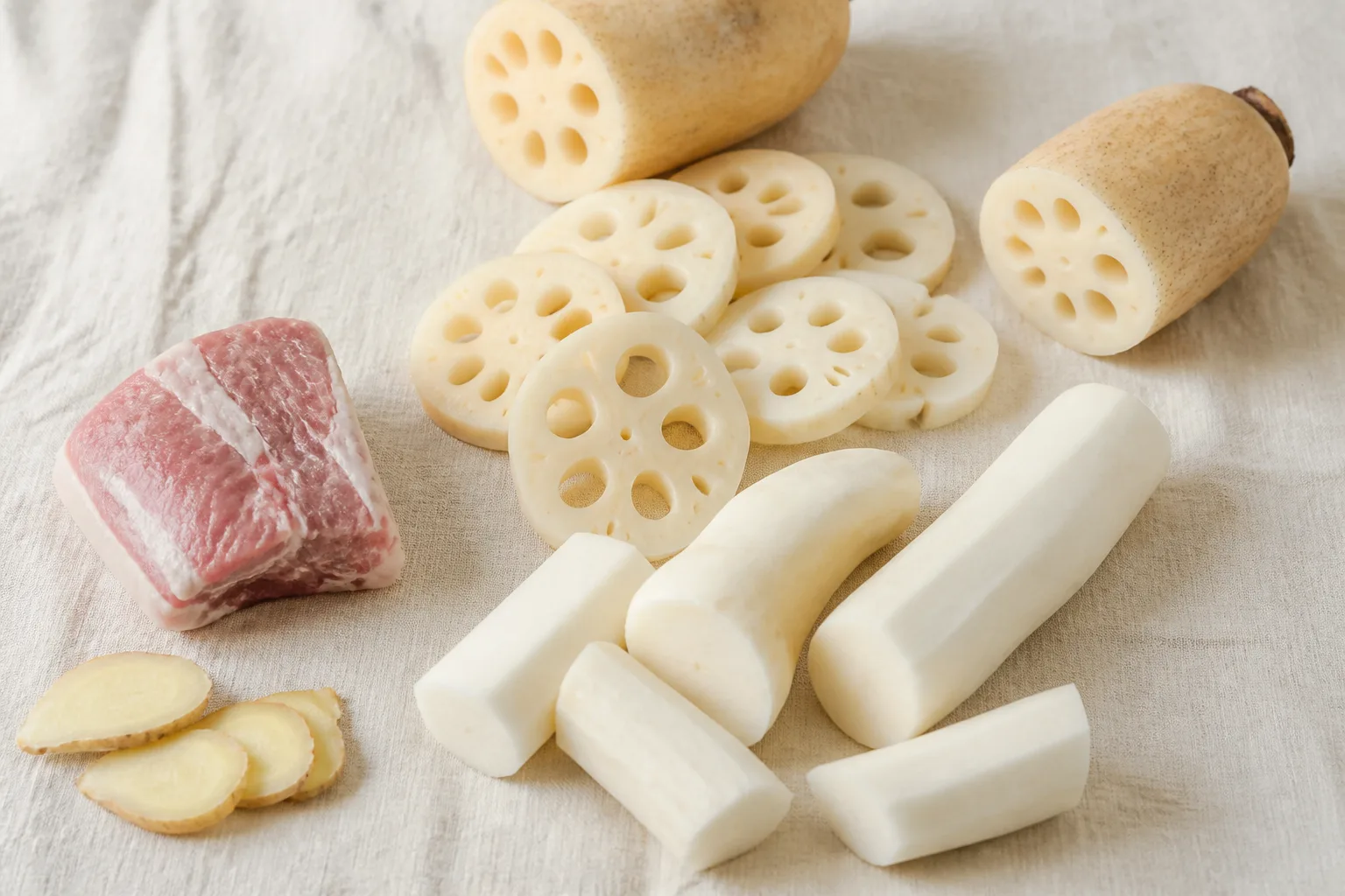 Lotus root, Chinese yam, lean pork, and ginger for soup at PULSE TCM