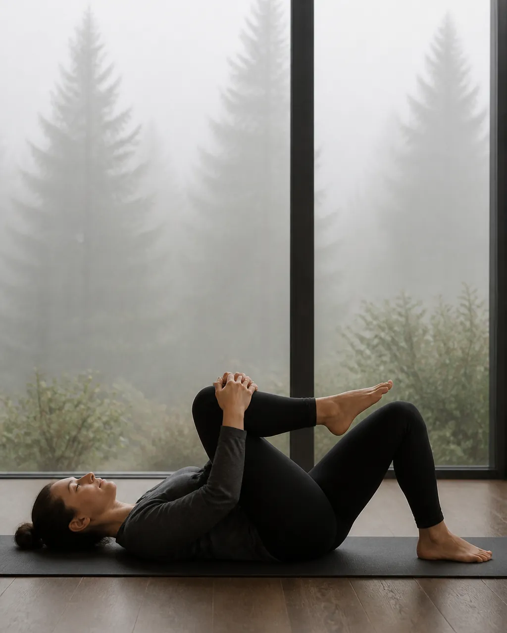 Person lying on back drawing one knee toward the chest