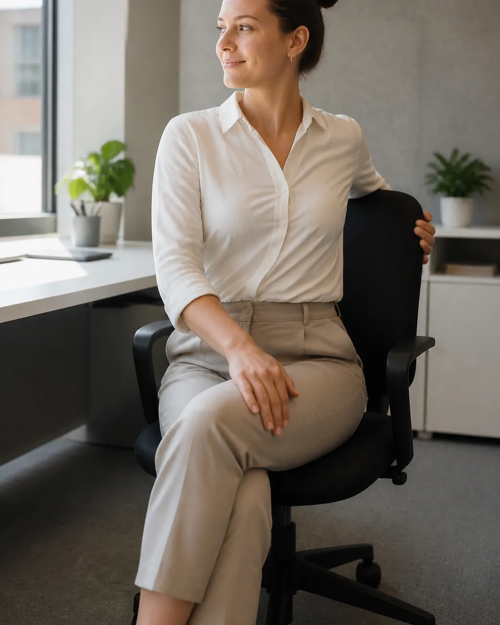 Person in an office chair doing a seated spinal twist