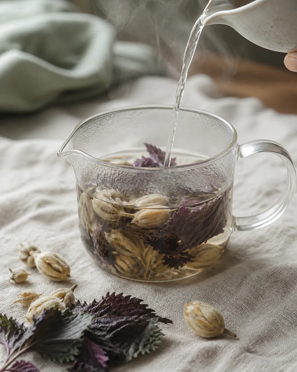 Pouring hot water over magnolia buds and perilla leaf for sinus tea