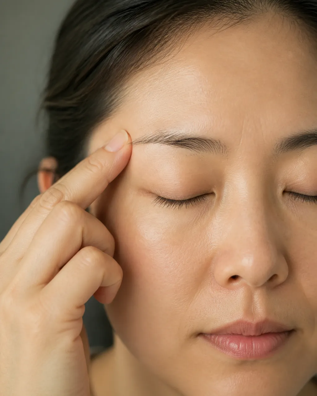 Fingertips pressing Si Zhu Kong SJ23 at the outer end of the eyebrow for eye-related migraine