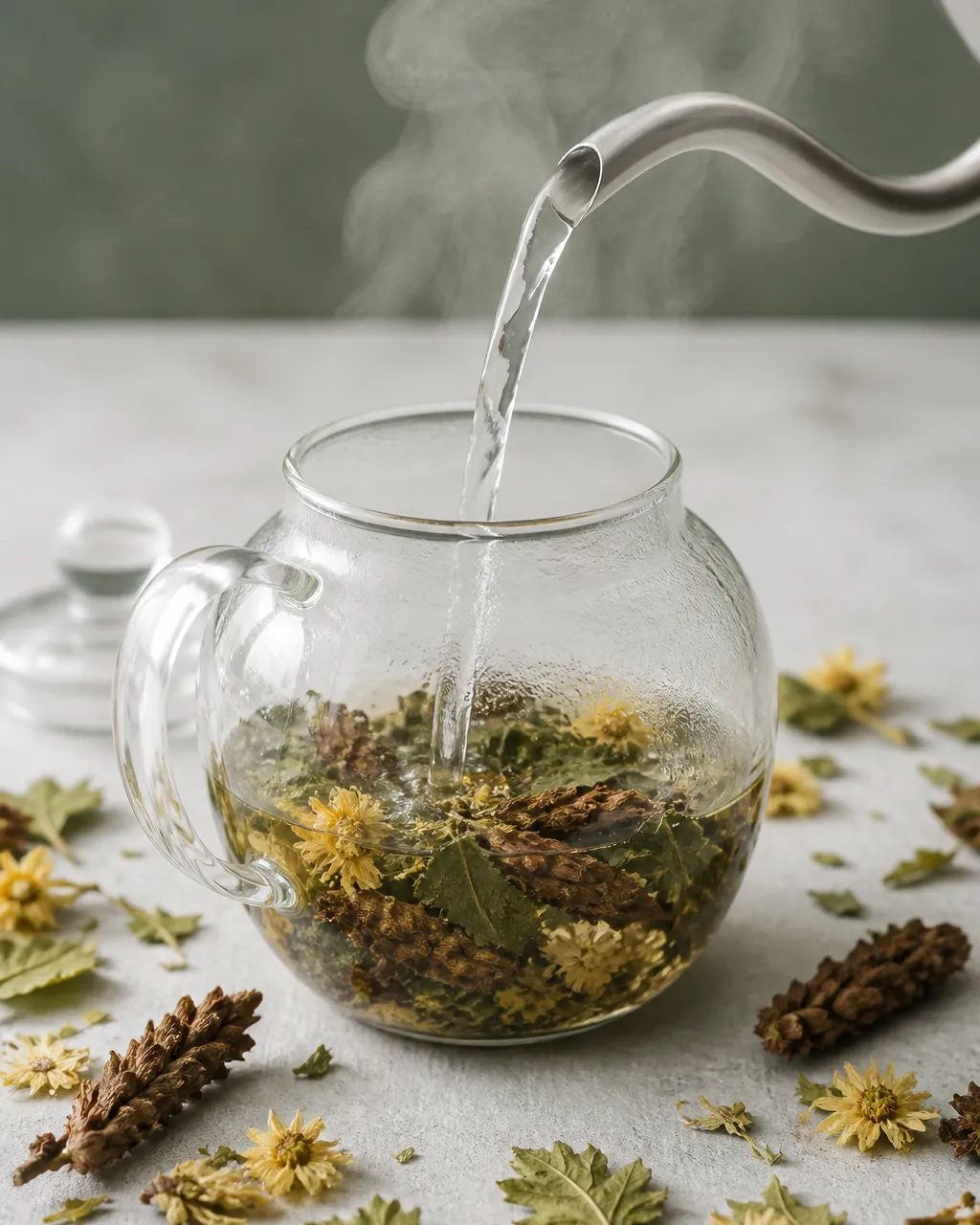 Pouring hot water over chrysanthemum, mulberry leaf, and Prunella in a glass teapot
